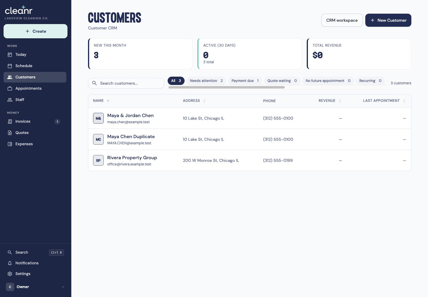 Cleanr Customers directory with server-backed CRM smart views and exact result counts