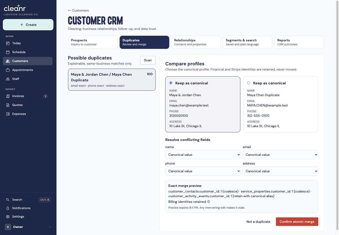 Cleanr side-by-side duplicate review and exact merge preview with retained billing identities