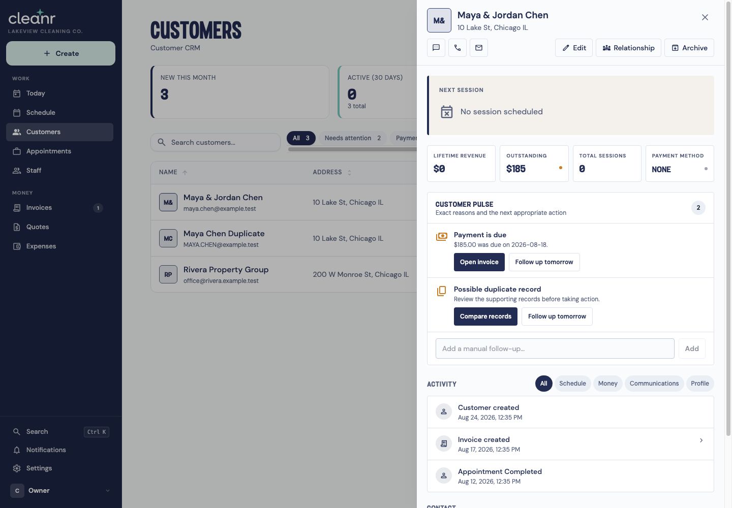 Cleanr customer profile with next appointment, Customer Pulse, follow-up work, and chronological Activity
