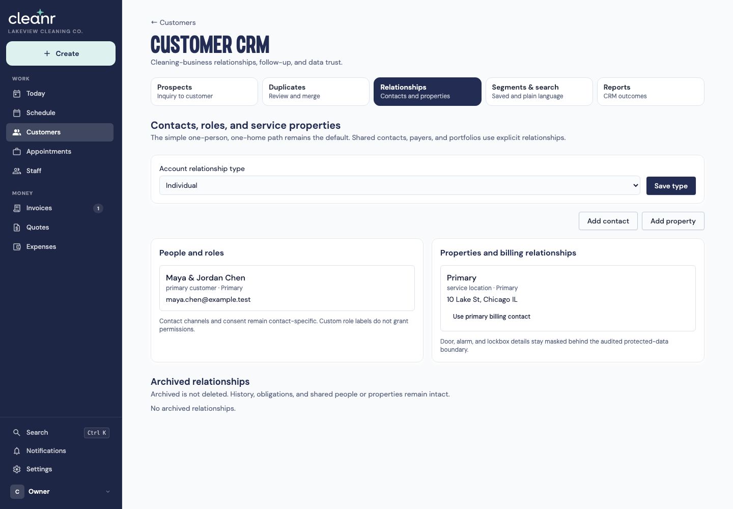 Cleanr relationship workspace for household contacts, roles, payers, and multiple service properties