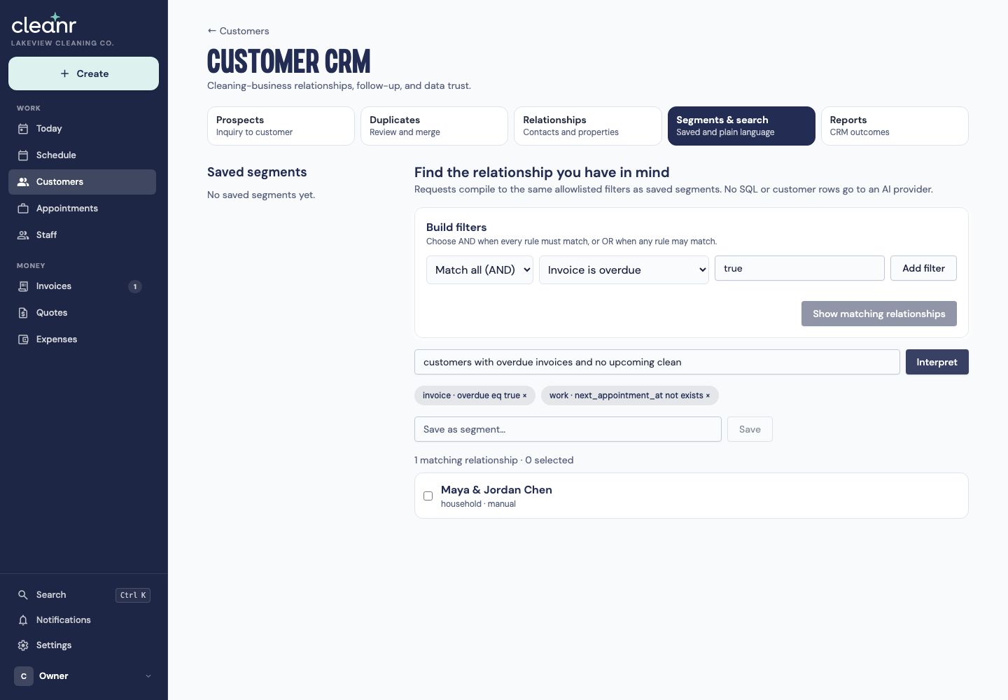 Cleanr natural-language CRM search interpreted as editable allowlisted filter chips with matching results