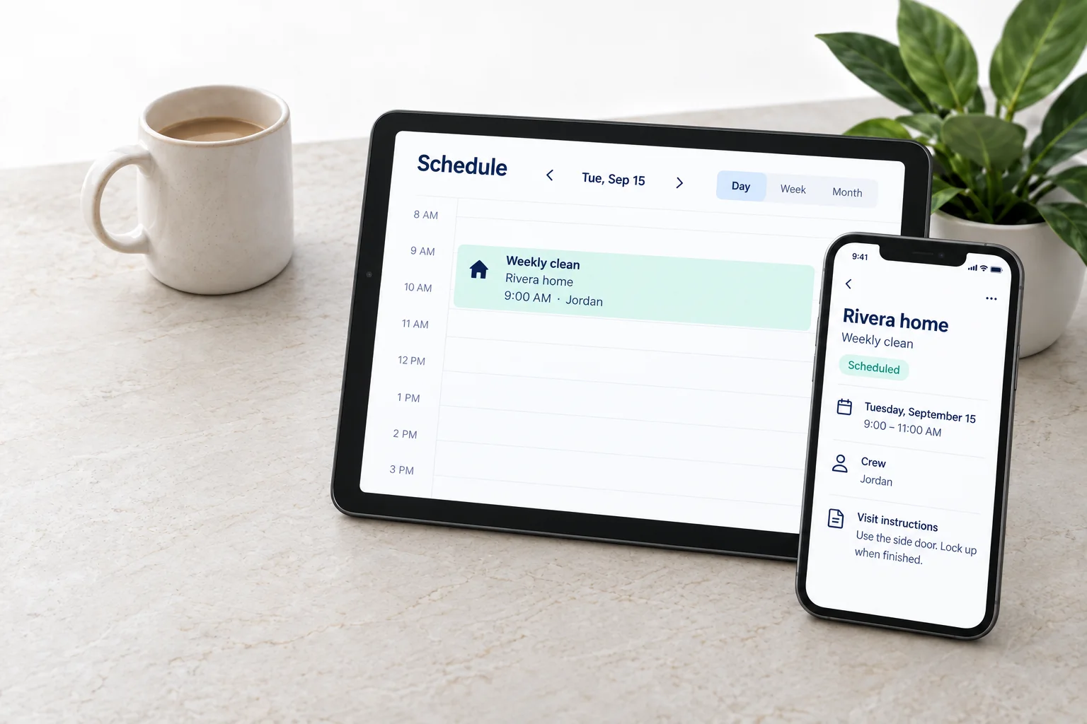 After: a sample Cleanr schedule and appointment details together on a tablet and iPhone.