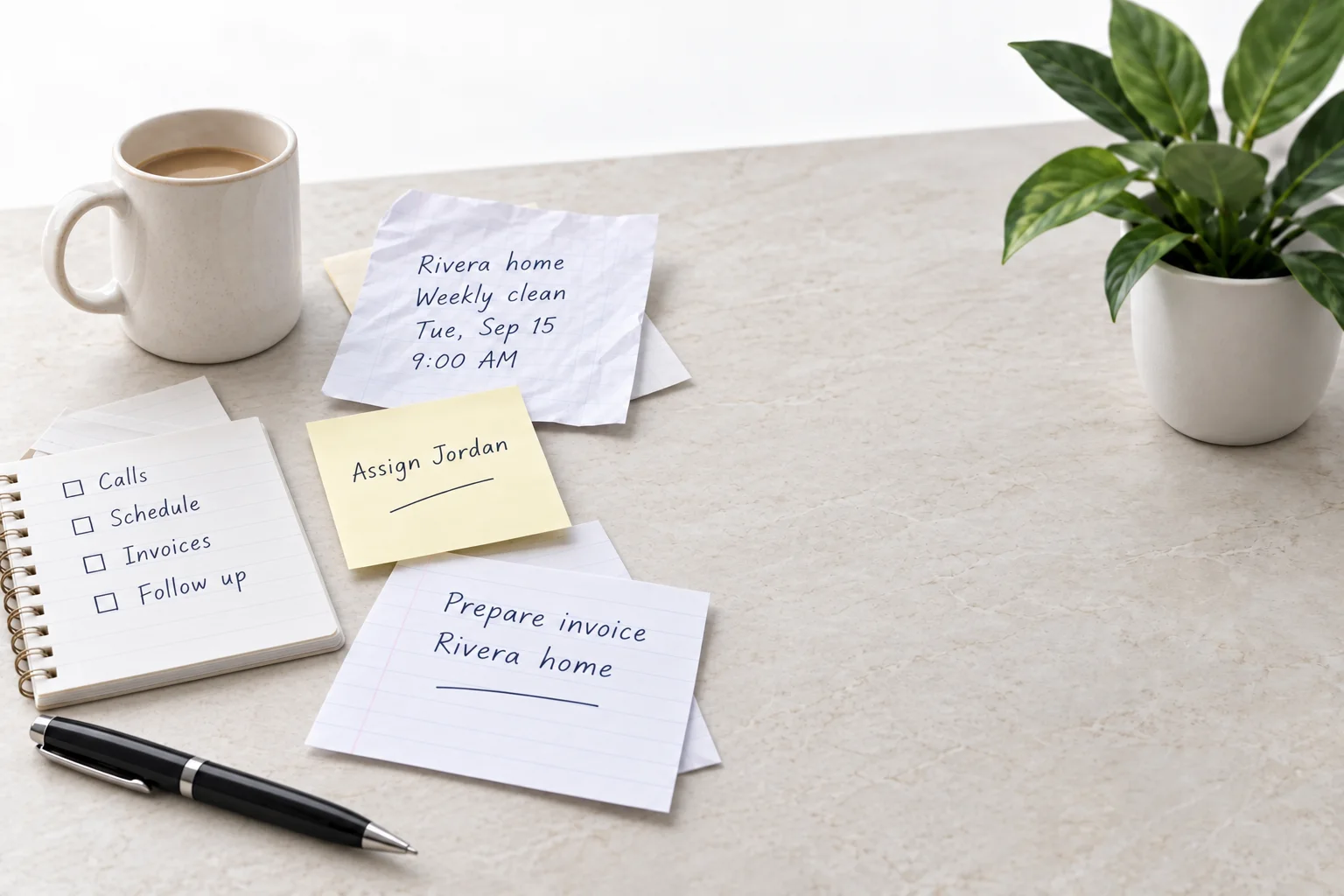 Before: handwritten reminders for the Rivera home weekly clean, assigning Jordan, and preparing an invoice.