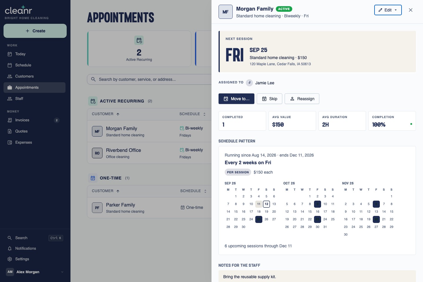 Cleanr appointment details showing Jamie Lee assigned to the next visit, with reassign controls and staff notes.