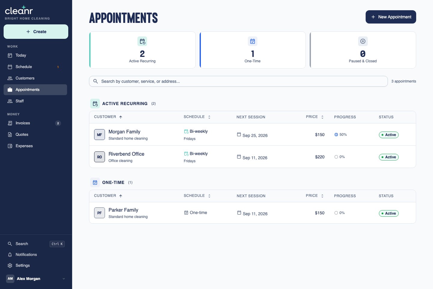 Cleanr appointments list showing two active biweekly cleaning plans and their next visits.