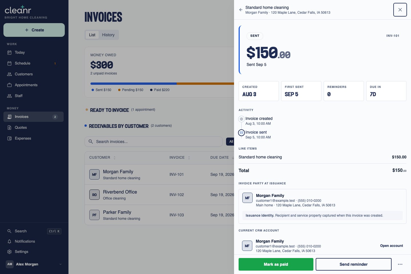 Cleanr invoice detail showing a sample $150 cleaning invoice marked Sent and its activity history.