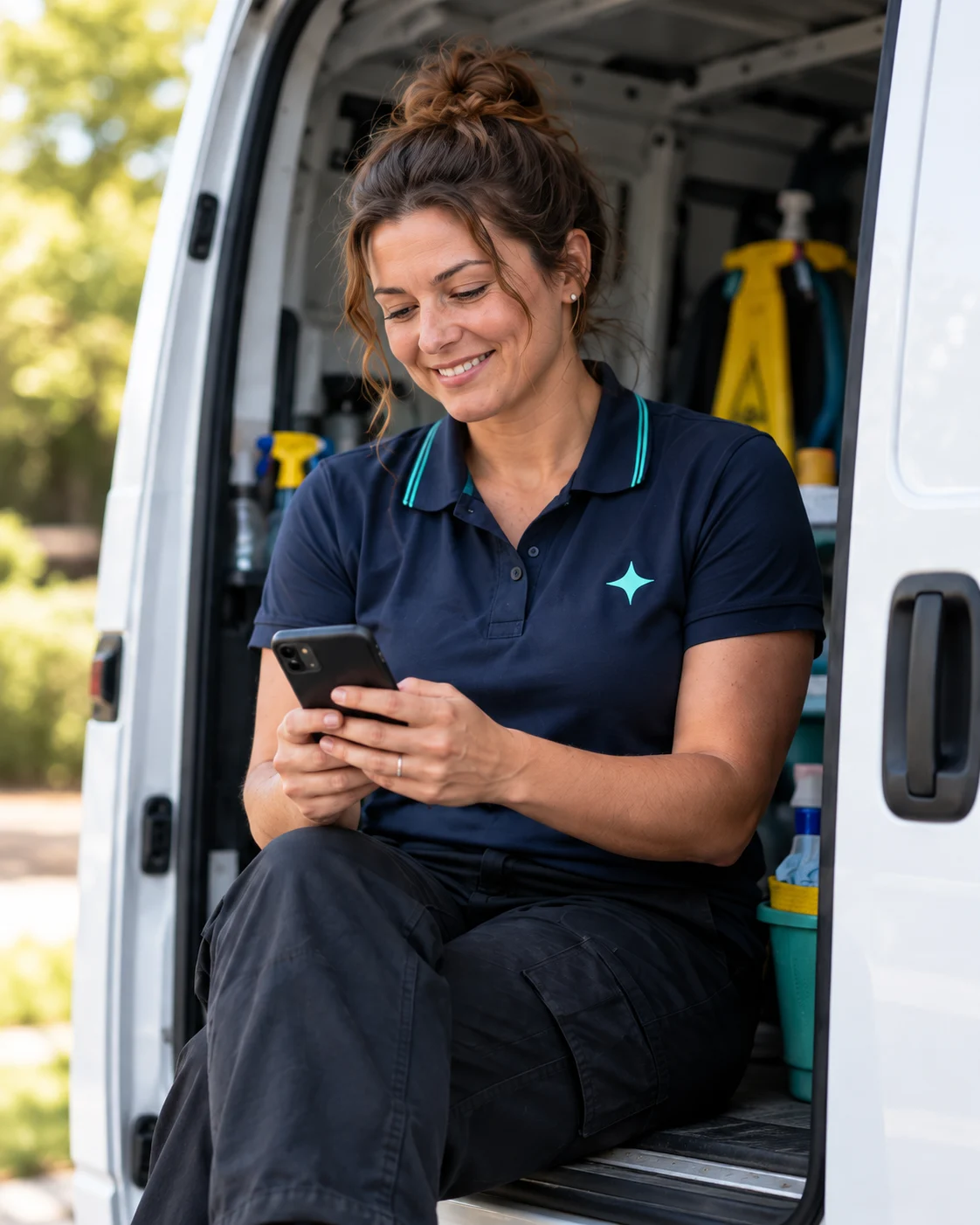 Illustrative scene of a cleaning business owner checking her phone between visits